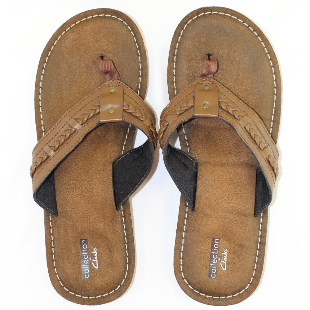 Collection by Clarks Women's Brown Leather Braid Trim Flip Flop Sandal Size 10